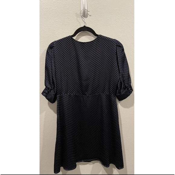 ZARA Navy Blue White Polka Dots Short Sleeve V-Neck Mini Dress - Picture 3 of 6